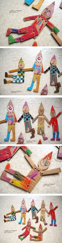 four different pictures of people made out of wooden sticks and colored crayon paper