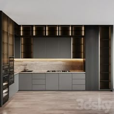 an empty kitchen with stainless steel cabinets and marble counter tops, along with wood flooring