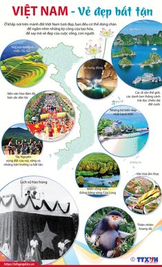 an advertisement for vietnam with pictures of the country's landmarks and their slogans