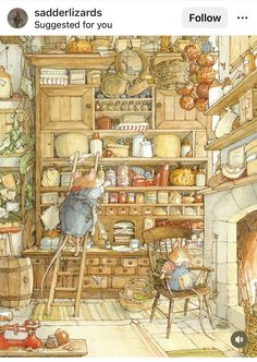 an image of a woman in the kitchen with food on the counter and shelves full of stuff