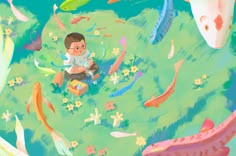 a painting of a boy sitting in the grass surrounded by many colorful fish and flowers