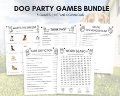 the dog party games bundle includes five printables and four word search puzzles for dogs