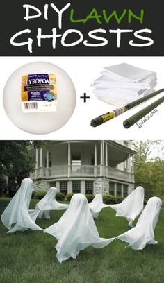 two pictures with white ghost costumes on them and the words diy lawn ghosts in front of