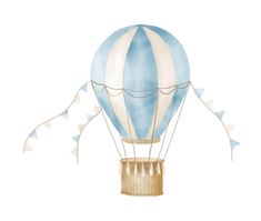 a blue and white hot air balloon with streamers