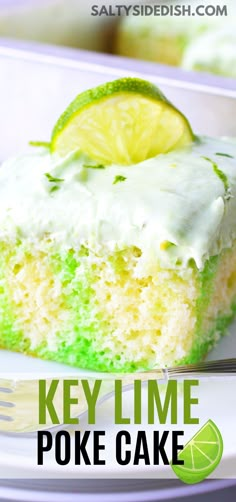 a slice of key lime poke cake on a plate