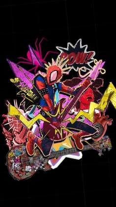 a guitar is surrounded by many different items and colors in the shape of an abstract figure