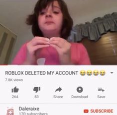 a woman is looking at herself in the mirror with an ad on her face that reads roblox deleted my account