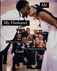 a man and woman kissing in front of a wedding cake with the words, my husband