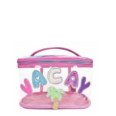 Front view of clear pink 'Vacay' glam bag with palm tree patch Trendy Tote Bag For Trips, Trendy Rectangular Travel Bag, Trendy Multicolor Travel Bag, Trendy Rectangular Bag For Trips, Trendy Rectangular Bags For Trips, Trendy Shoulder Bag For Travel, Trendy Pink Travel Bag For Weekend Trips, Trendy Bag With Luggage Sleeve For Trips, Trendy Rectangular Shoulder Bag For Trips