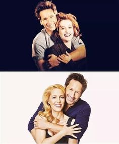 two pictures of people hugging each other and one has his arms around the woman's shoulders