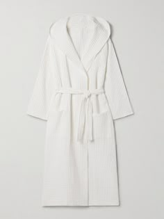 Skin's 'Wellness' robe is waffle-knitted from organic cotton and has a cozy hood and two front patch pockets. Use the  tonal belt to cinch yours closed over pajamas. White Bath Robe, White Bathrobe, College Wishlist, Bathroom Dream, Girl Wishlist, Winter Work Wear, Winter Cardigan, Material Girl, Material Girls