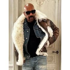 Harvey Outfits, Denim Biker Jacket, Adidas White Sneakers, Steve Harvey, Mens Outfit Inspiration, Real Leather Jacket, Aviator Jackets, Sharp Dressed Man, Men Fashion Casual Outfits