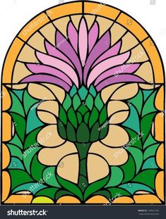 a stained glass window with pink flowers in the center and green leaves on the outside