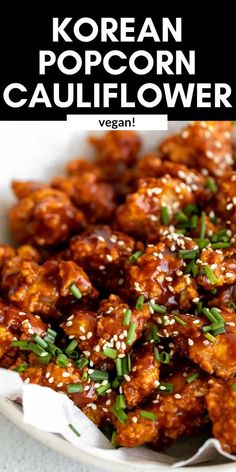 korean popcorn cauliflower in a white bowl with sesame seeds