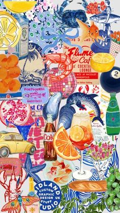 a collage of food and drink related items, including oranges, lemons, watermelon, grapefruit