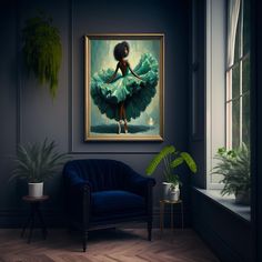 a painting of a woman in a green dress on the wall next to a blue chair