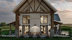 Modern Farmhouse Barndominium, Advanced House Plans, Wood Garage, Wood Garage Doors, Garage Floor Plans, Farmhouse Aesthetic, Board And Batten Siding