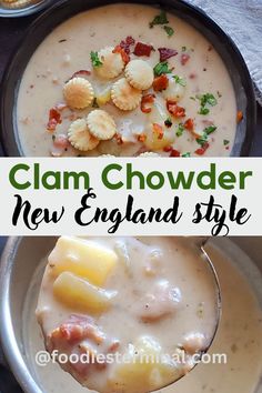 clam chowder new england style soup in a skillet