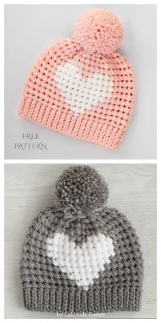 two different knitted hats with hearts on them