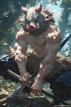 an image of a furry creature with two swords in his hands and one hand on the ground