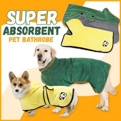 a dog wearing a green and yellow outfit with the words super absorbent pet bathrobe on it