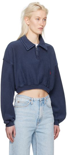 Style Inspo 2023, Cropped Half Zip, Hunza G, Denim Sweatshirt, Jumper Outfit, Half Zip Top, Cropped Zip Up, Zip Collar, College Fits