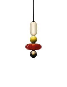 a multicolored glass hanging light with black, red, yellow and white beads