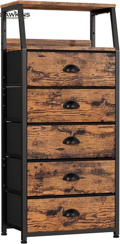 a wooden dresser with black drawers and metal handles