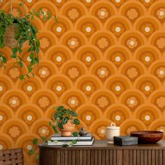 Image of 70s inspired Rainbow Floral Scales Pumpkin Orange Wallpaper Orange Floral Wallpaper, 70s Living Room Decor, 70s Living Room, 70s Wallpaper, 70s Rainbow, Vintage Floral Wallpapers, Creative Pattern, Aesthetic Shop, Orange Design