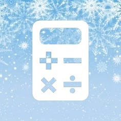 a white calculator sitting on top of a blue background covered in snowflakes