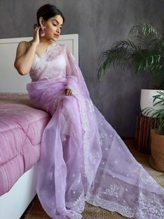 Organza Silk Lavender Color Sequence Thread Work Saree Lavender Saree Outfit, Lavender Chiffon Saree, Lavender Saree Contrast Blouse, Lavender Color Saree, Lavender Sarees, Lavender Organza Saree, Lavender Saree, Frill Saree, Thread Work Saree