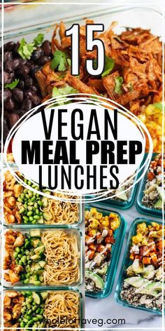 vegan meal prep lunches with text overlay