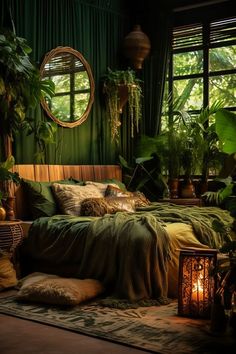 a bedroom with green walls and lots of plants in the window sill, along with a bed