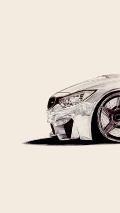 a drawing of a white car with black rims on it's front wheel