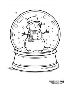 a black and white drawing of a snow globe with a snowman in it's top