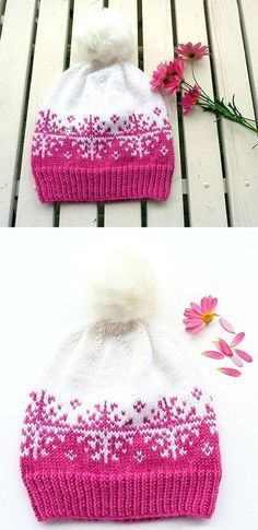 two pictures of the same knitted hat with flowers