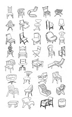 various chairs and tables drawn in black ink