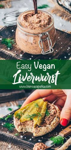 an easy vegan liver sandwich on a wooden board with the text overlay that says easy vegan liver