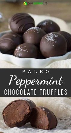 chocolate truffles in a white bowl with the title text overlay reads paleo peppermint chocolate truffles