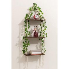 three shelves with plants and books on them against a white wall in the shape of a house