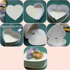 the steps to make a heart shaped box with paper and gold foil on it's sides