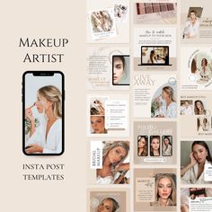 a collage of photos with the words makeup artist instagram post templates