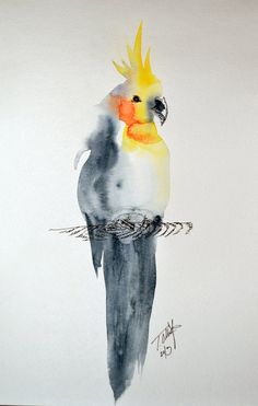 a watercolor painting of a cockatoo with yellow crown on its head and body