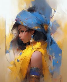 a painting of a woman wearing a yellow dress and blue headdress, with her hair pulled back