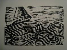 a black and white drawing of a boat in the ocean