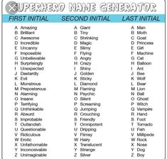 the super hero name generator is shown in this printable version, which includes an image of