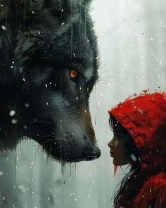 a woman and a wolf face each other in the rain