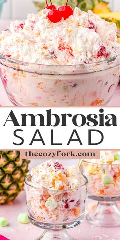 ambrosia salad in a glass serving bowl and mini trifle bowls Potluck Fruit Salad, Easy Dessert Salads, Watergate Salad Recipe Ambrosia, Church Salad Recipes, Summer Fruit Salad Recipes Easy, Amish Yum Yum Salad, Midwest Food Recipes, Fruit Salads For Parties Potlucks, Congealed Salad Recipes Simple