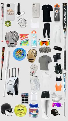 an assortment of sports gear and equipment displayed on a white background