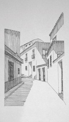 a pencil drawing of an alley way with buildings